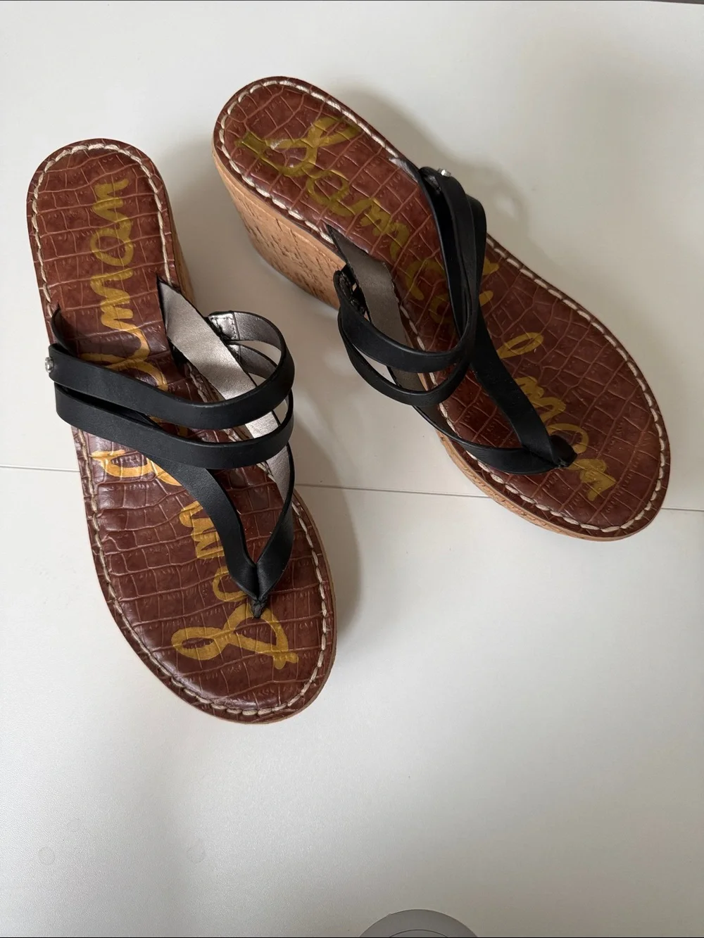 Sam Edelman Black Strappy Wedge Sandals with Brown Footbed